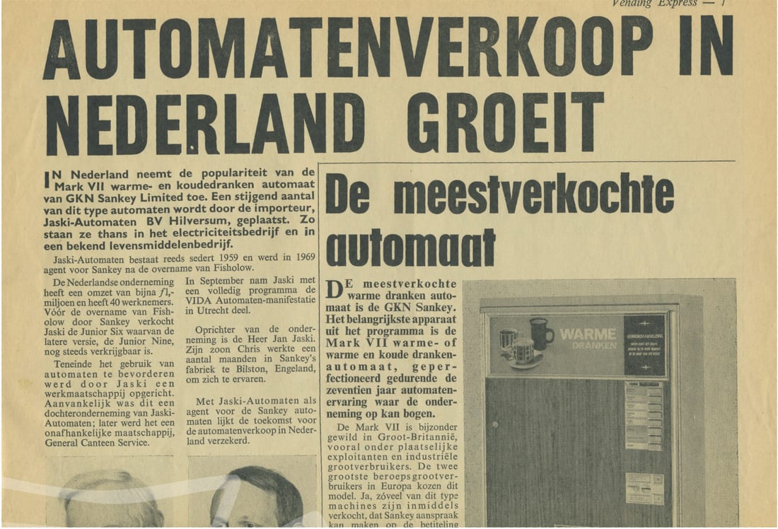 Krantenartikel: automatenverkoop in Nederland groeit, Jaski en de Sankey Mark VII