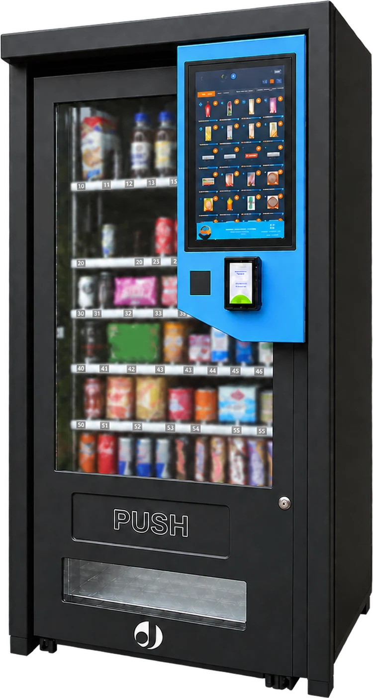 Automaat met Qwikko-paneel: touchscreen en betaalterminal naast het glasfront